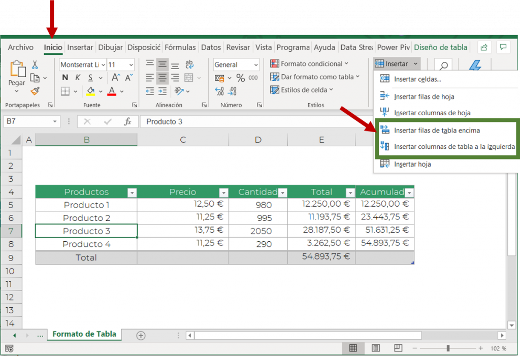 Formato de Tabla Instertar filas y columnas