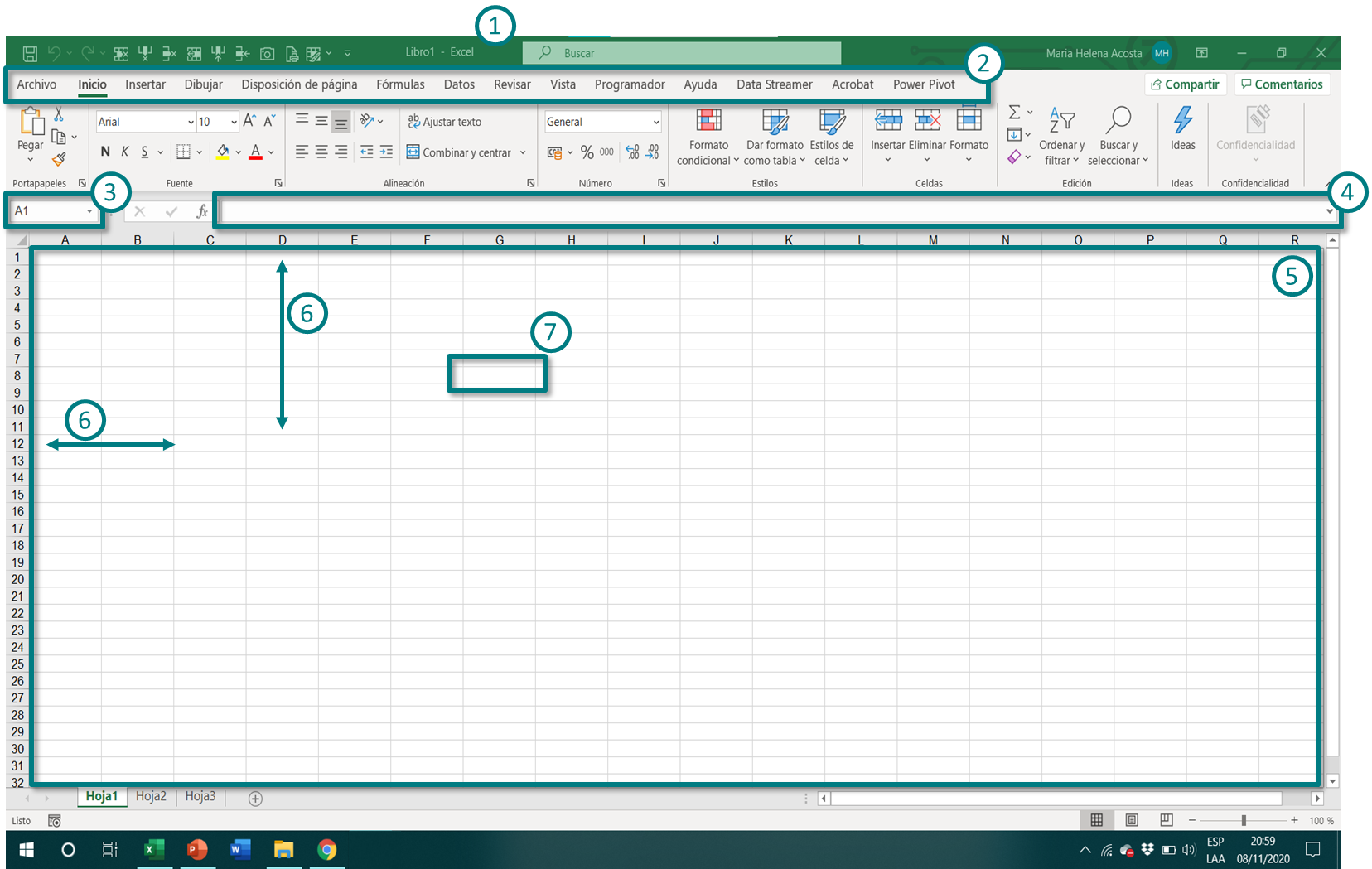 elementos que verás en pantalla y que usarás en cada sesión de trabajo en Excel